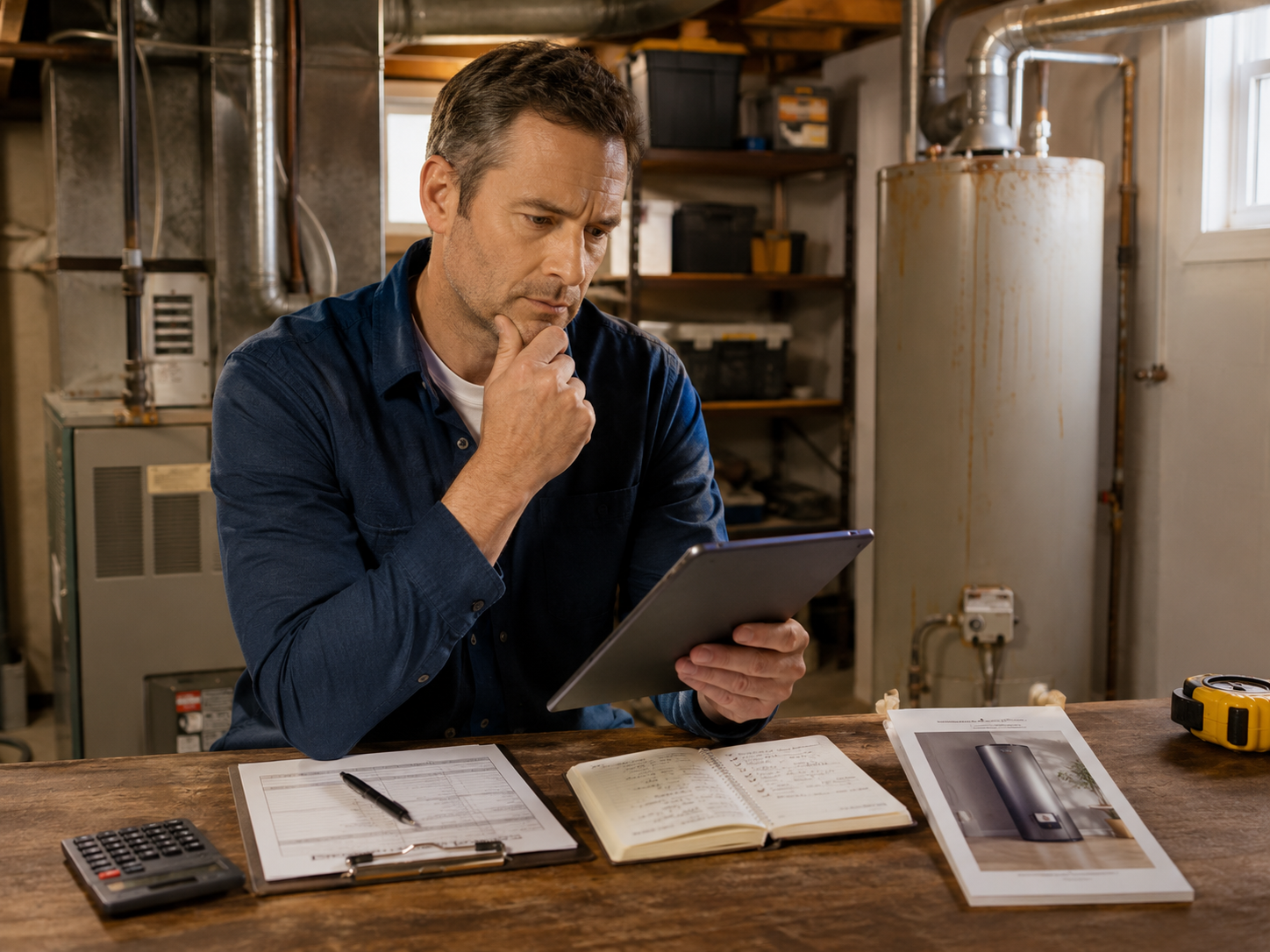 Compare%20the%20Repair%20Cost%20With%20Replacement replair person holding a tablet pondering a question